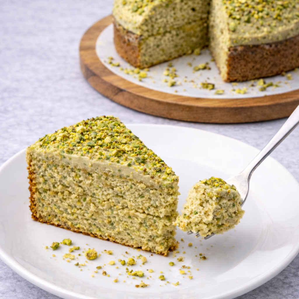 Tarta saludable de pistacho y chocolate blanco sin azúcar y sin gluten